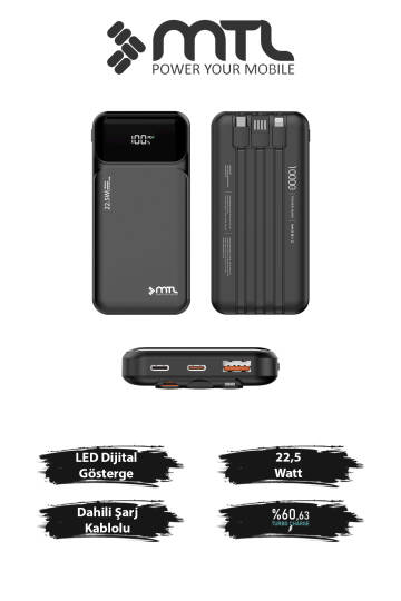 10000 mAh 22.5W Süper Hızlı Şarj Dahili Kablolu Dijital LED Göstergeli PD ve QC 3.0 Powerbank MT4311