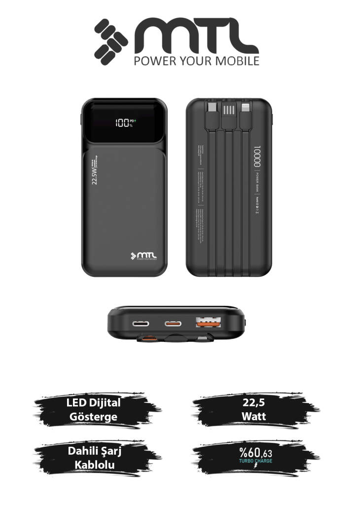10000 mAh 22.5W Süper Hızlı Şarj Dahili Kablolu Dijital LED Göstergeli PD ve QC 3.0 Powerbank MT4311 - 1