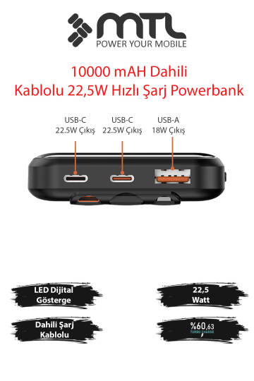 10000 mAh 22.5W Süper Hızlı Şarj Dahili Kablolu Dijital LED Göstergeli PD ve QC 3.0 Powerbank MT4311 - 2