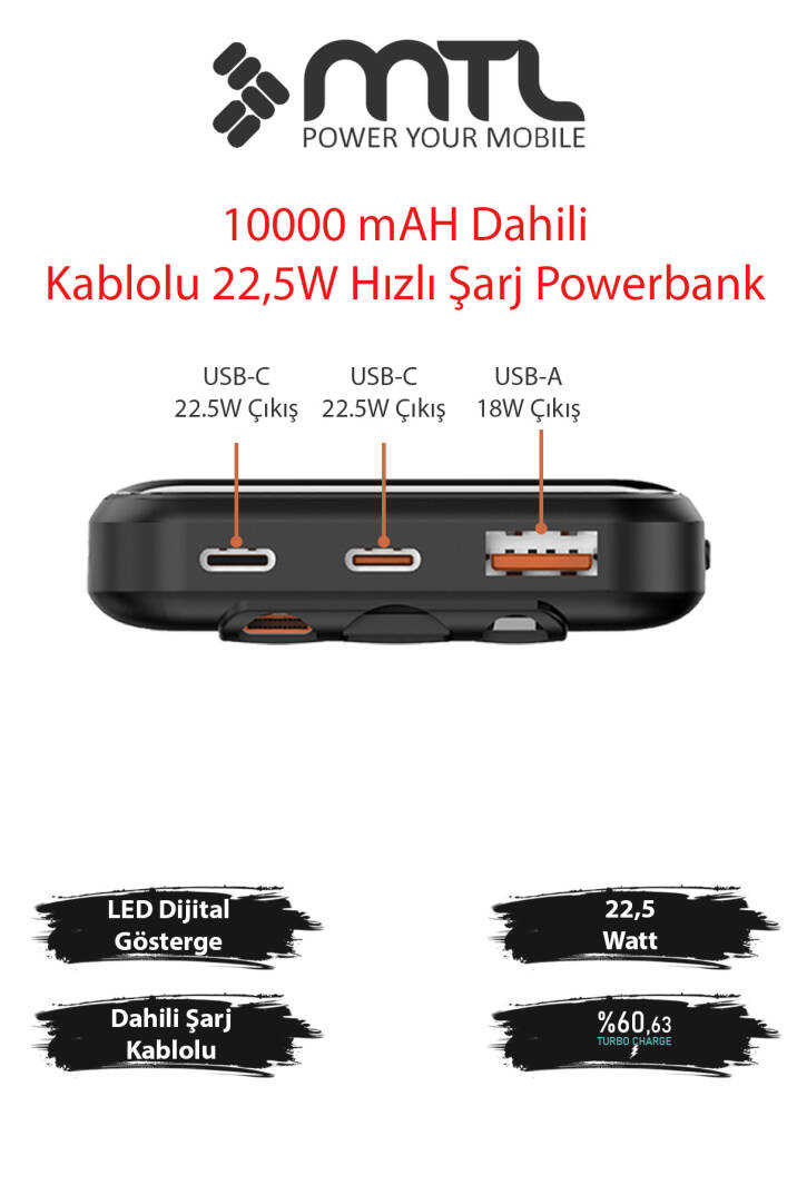 10000 mAh 22.5W Süper Hızlı Şarj Dahili Kablolu Dijital LED Göstergeli PD ve QC 3.0 Powerbank MT4311 - 2