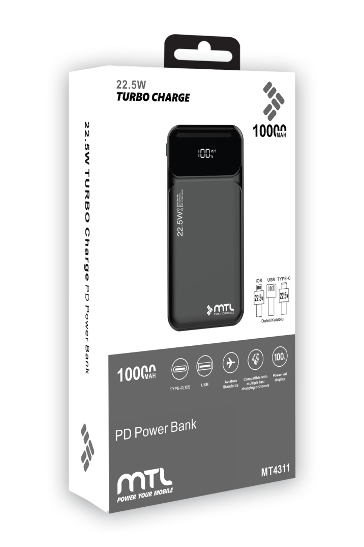 10000 mAh 22.5W Süper Hızlı Şarj Dahili Kablolu Dijital LED Göstergeli PD ve QC 3.0 Powerbank MT4311 - 7