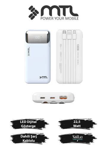 10000 mAh 22.5W Süper Hızlı Şarj Dahili Kablolu Dijital LED Göstergeli PD ve QC 3.0 Powerbank MT4311 Beyaz