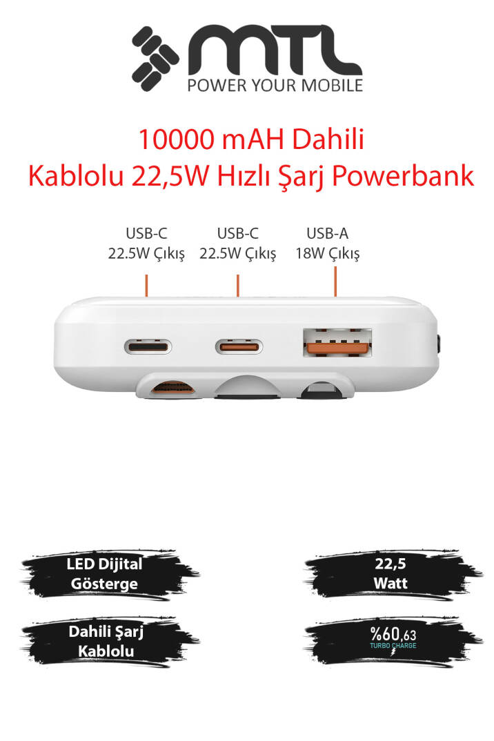 10000 mAh 22.5W Süper Hızlı Şarj Dahili Kablolu Dijital LED Göstergeli PD ve QC 3.0 Powerbank MT4311 - 9