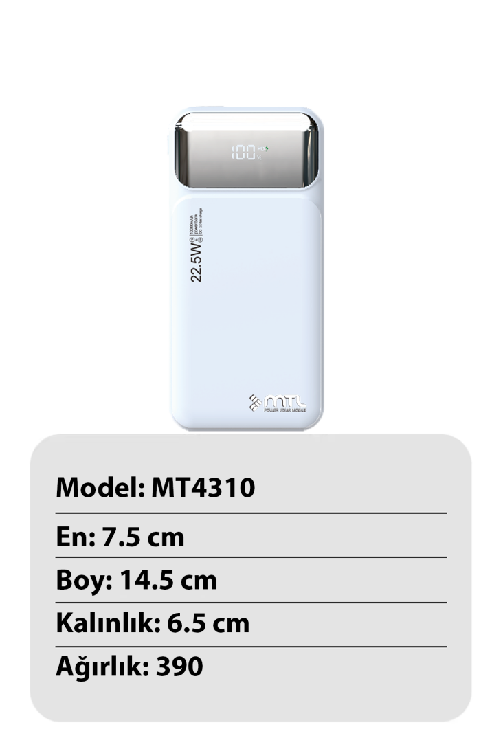 10000 mAh 22.5W Süper Hızlı Şarj Dahili Kablolu Dijital LED Göstergeli PD ve QC 3.0 Powerbank MT4311 - 10