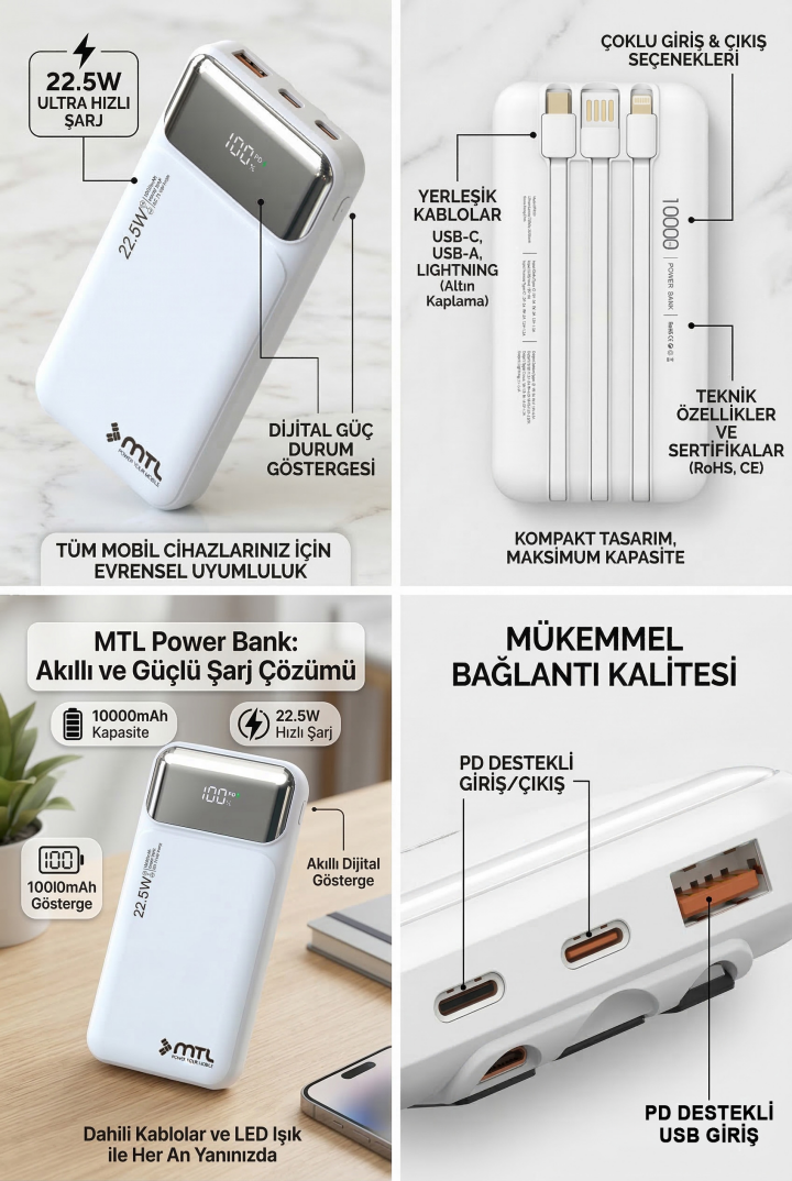 10000 mAh 22.5W Süper Hızlı Şarj Dahili Kablolu Dijital LED Göstergeli PD ve QC 3.0 Powerbank MT4311 - 11