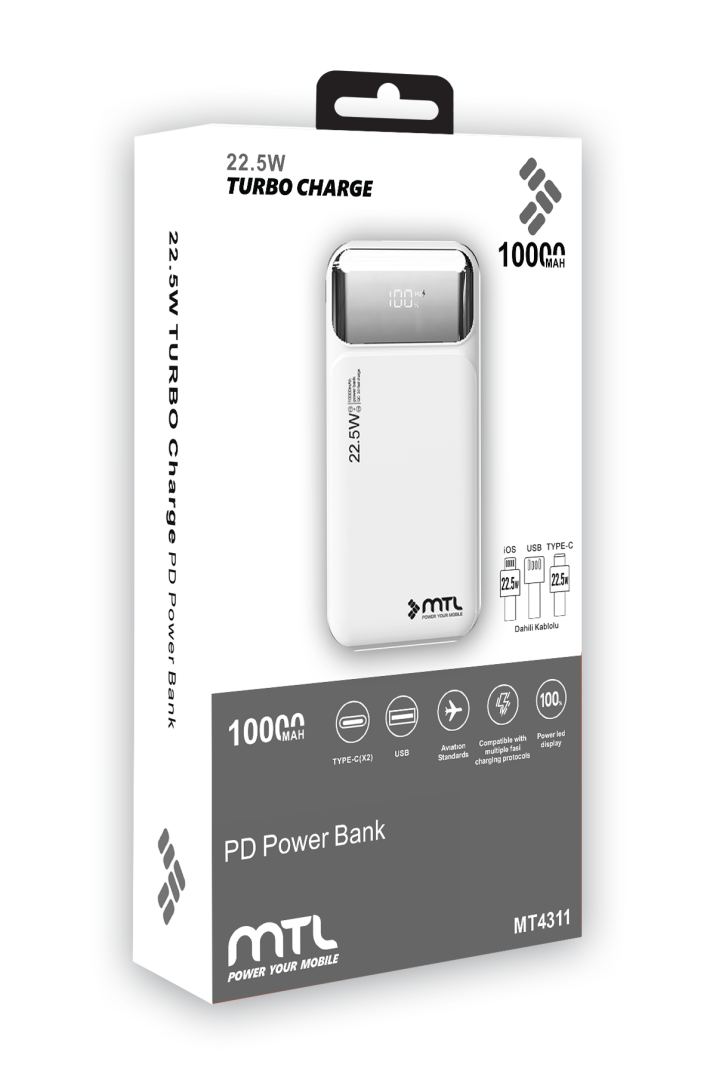 10000 mAh 22.5W Süper Hızlı Şarj Dahili Kablolu Dijital LED Göstergeli PD ve QC 3.0 Powerbank MT4311 - 14