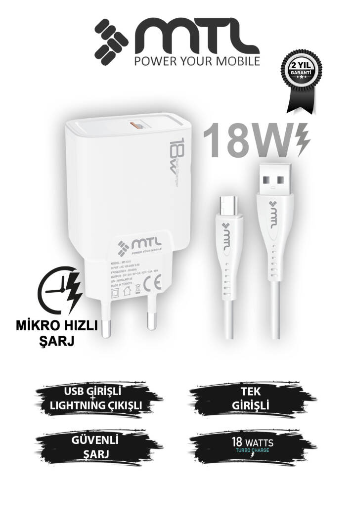18W QC 3.0 Destekli Hızlı Şarj USB Adaptör + Micro Usb Kablo Şarj Cihazı Seti MT1311 - 1