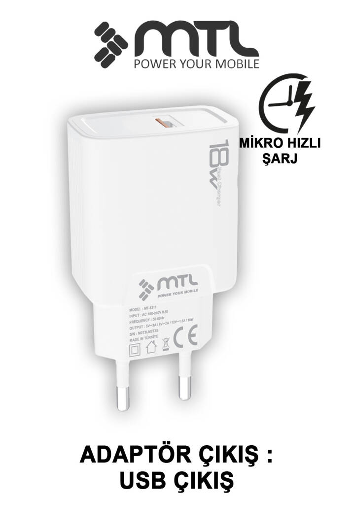 18W QC 3.0 Destekli Hızlı Şarj USB Adaptör + Micro Usb Kablo Şarj Cihazı Seti MT1311 - 2