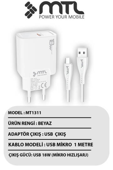 18W QC 3.0 Destekli Hızlı Şarj USB Adaptör + Micro Usb Kablo Şarj Cihazı Seti MT1311 - 4