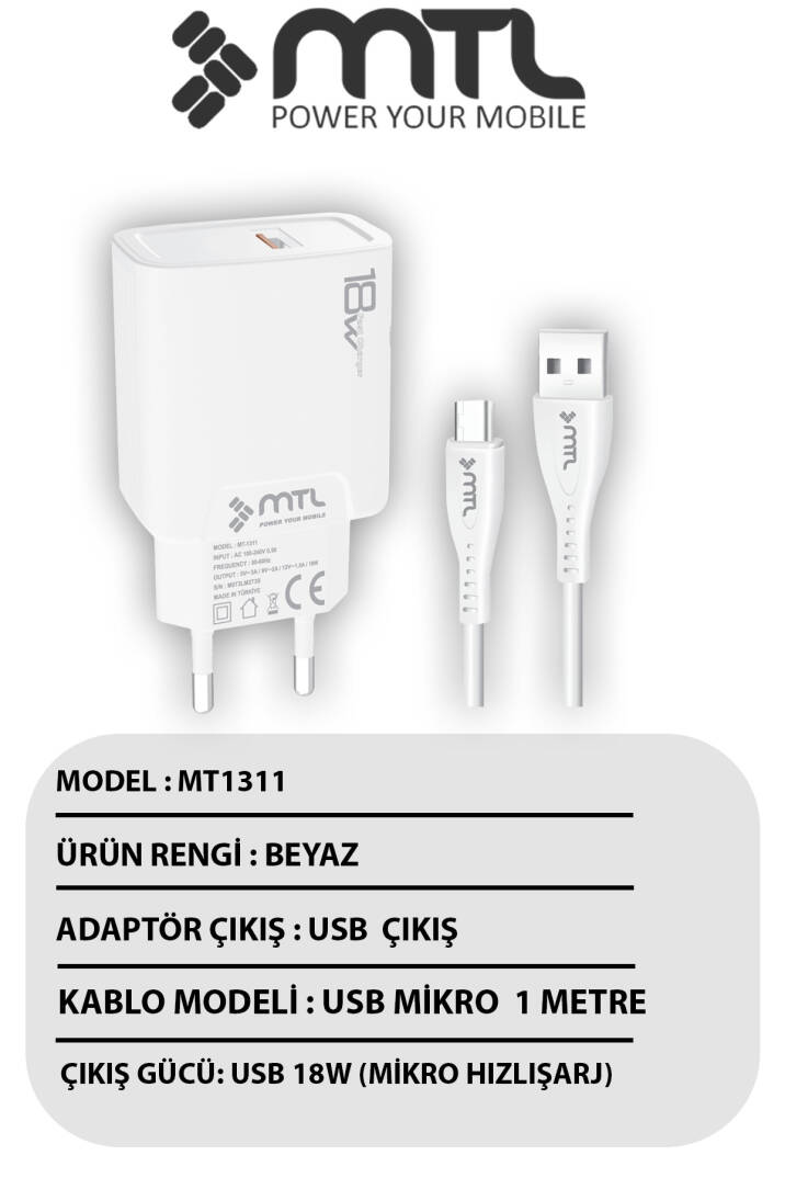 18W QC 3.0 Destekli Hızlı Şarj USB Adaptör + Micro Usb Kablo Şarj Cihazı Seti MT1311 - 4