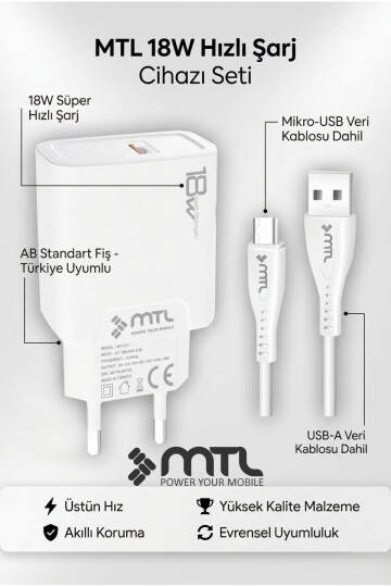 18W QC 3.0 Destekli Hızlı Şarj USB Adaptör + Micro Usb Kablo Şarj Cihazı Seti MT1311 - 5