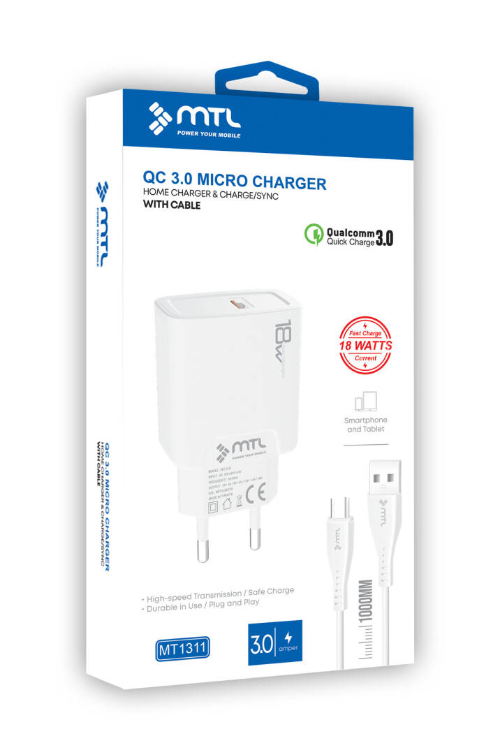 18W QC 3.0 Destekli Hızlı Şarj USB Adaptör + Micro Usb Kablo Şarj Cihazı Seti MT1311 - 7