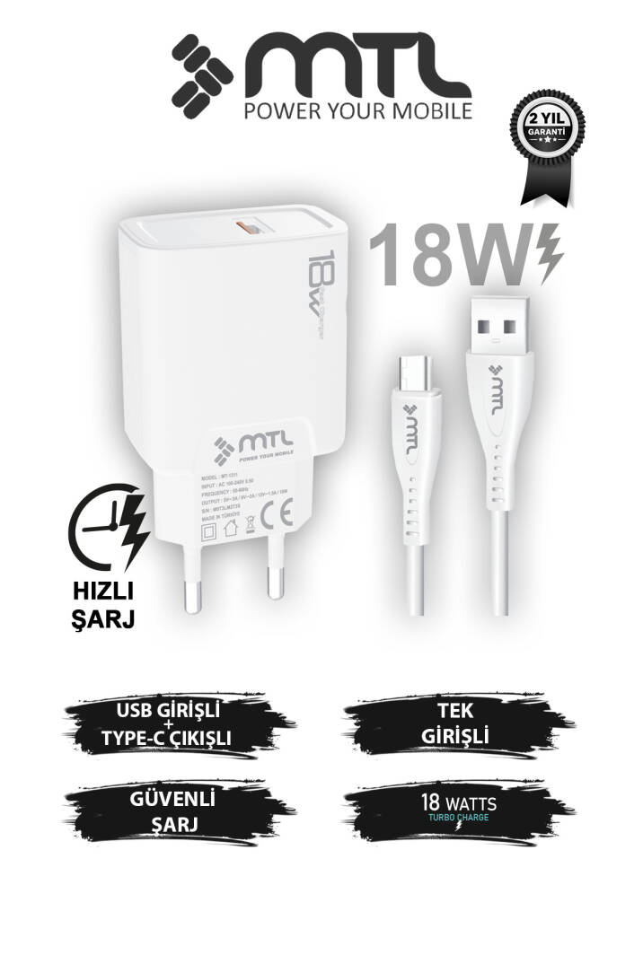 18W QC 3.0 Destekli Hızlı Şarj USB Adaptör + Type-C Usb Kablo Şarj Cihazı Seti MT1312 - 1