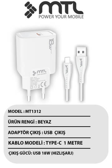 18W QC 3.0 Destekli Hızlı Şarj USB Adaptör + Type-C Usb Kablo Şarj Cihazı Seti MT1312 - 4
