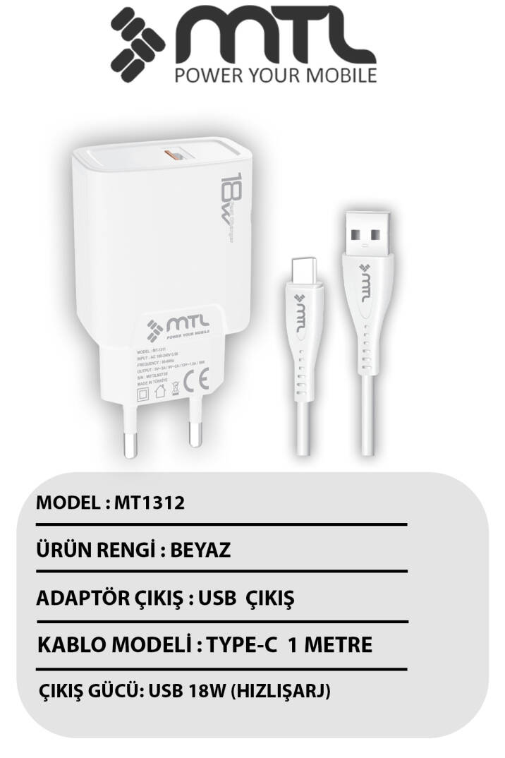 18W QC 3.0 Destekli Hızlı Şarj USB Adaptör + Type-C Usb Kablo Şarj Cihazı Seti MT1312 - 4