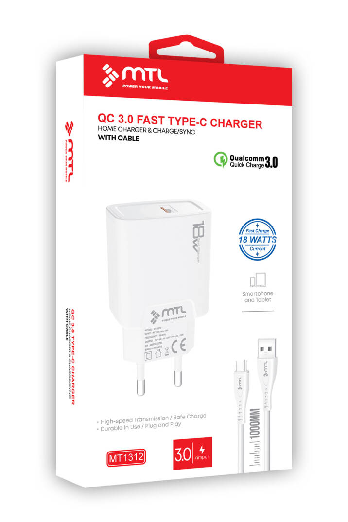 18W QC 3.0 Destekli Hızlı Şarj USB Adaptör + Type-C Usb Kablo Şarj Cihazı Seti MT1312 - 7