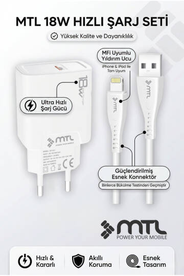 18W QC 3.0 Destekli Hızlı USB Adaptör + Lightning iPhone Usb Kablo Hızlı Şarj Seti MT1313 - 5