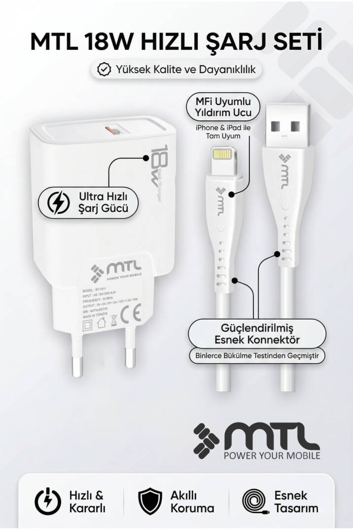 18W QC 3.0 Destekli Hızlı USB Adaptör + Lightning iPhone Usb Kablo Hızlı Şarj Seti MT1313 - 5
