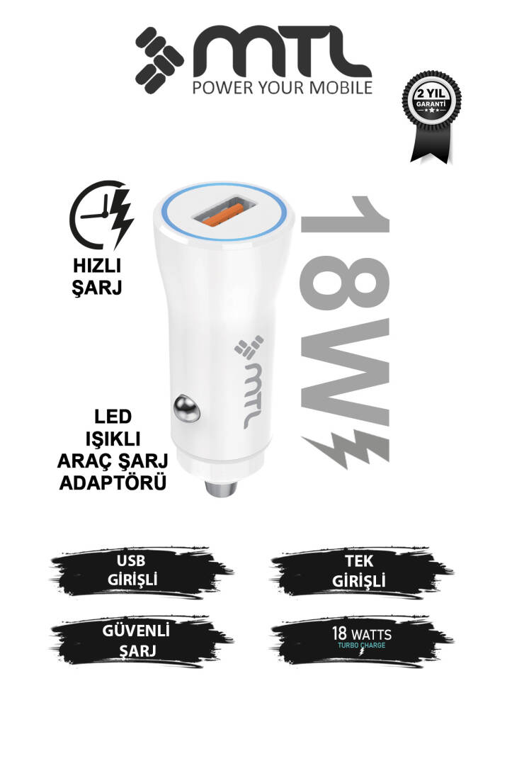 18W QC 3.0 Hızlı Şarj Destekli Akım Korumalı Led Göstergeli USB Araç Şarj Cihazı MT 1812 - 1
