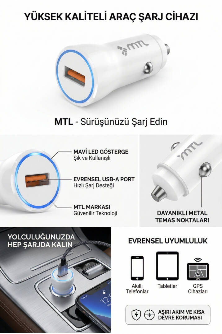 18W QC 3.0 Hızlı Şarj Destekli Akım Korumalı Led Göstergeli USB Araç Şarj Cihazı MT 1812 - 5