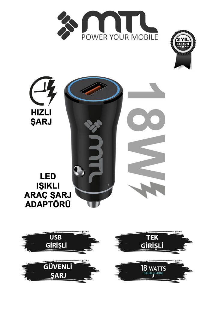 18W QC 3.0 Hızlı Şarj Destekli Akım Korumalı Led Göstergeli USB Araç Şarj Cihazı MT 1812 - 7