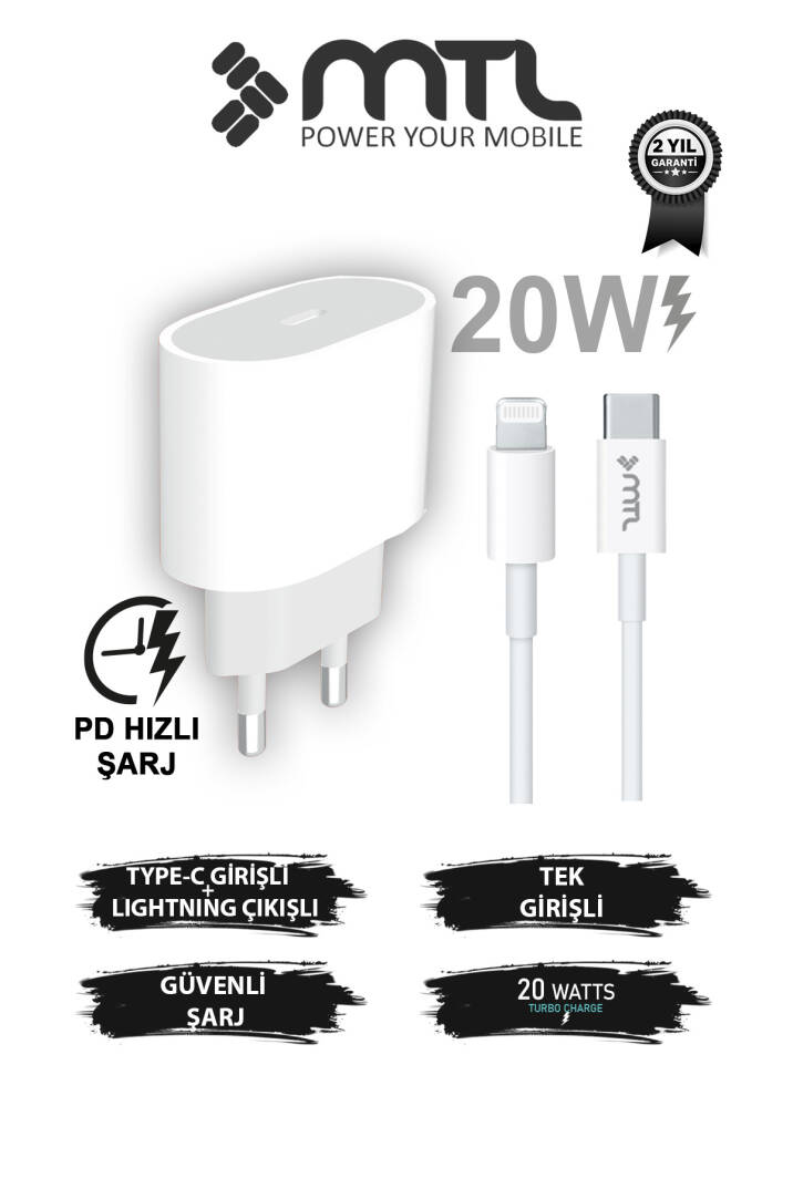 20W PD QC 4.0 Destekli Type-C Çıkışlı Adaptör + Type-C to Lightning Kablo Hızlı Şarj Seti MT1703 - 1