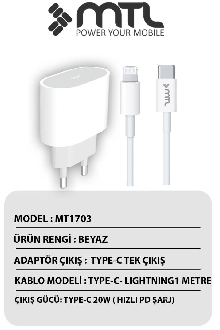 20W PD QC 4.0 Destekli Type-C Çıkışlı Adaptör + Type-C to Lightning Kablo Hızlı Şarj Seti MT1703 - 4