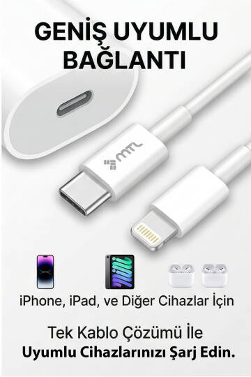 20W PD QC 4.0 Destekli Type-C Çıkışlı Adaptör + Type-C to Lightning Kablo Hızlı Şarj Seti MT1703 - 5
