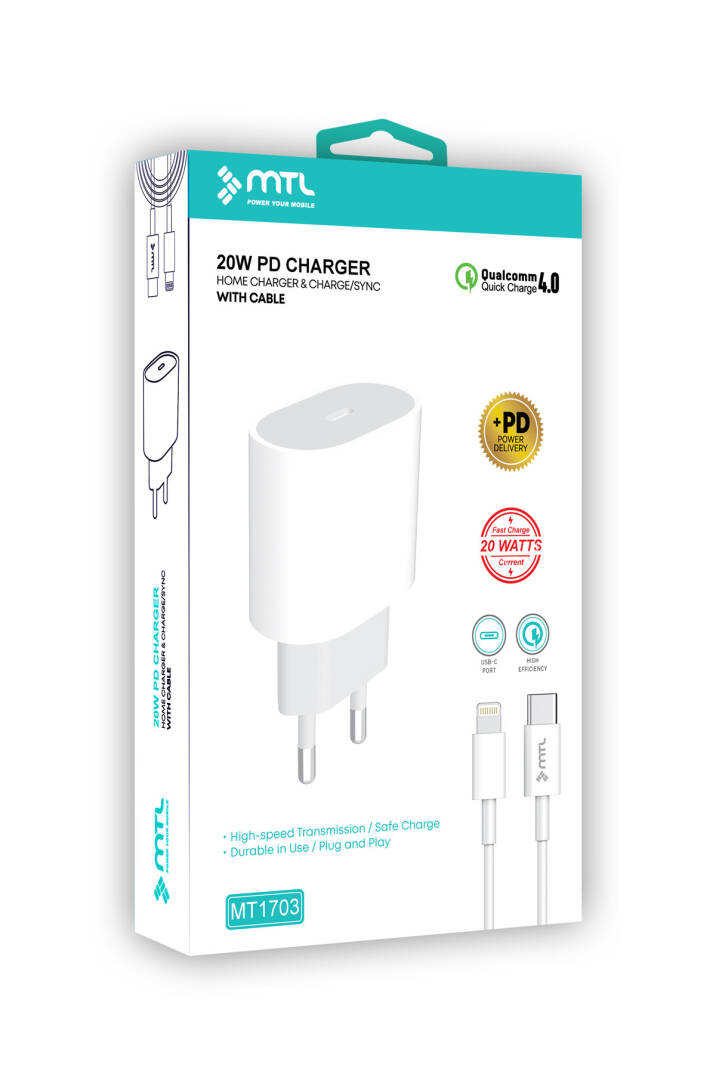 20W PD QC 4.0 Destekli Type-C Çıkışlı Adaptör + Type-C to Lightning Kablo Hızlı Şarj Seti MT1703 - 8