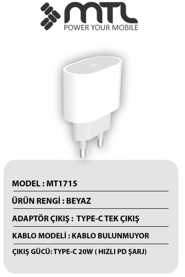 20W PD QC 4.0 Destekli Type-C Çıkışlı Hızlı Şarj Adaptörü MT1715 - 3