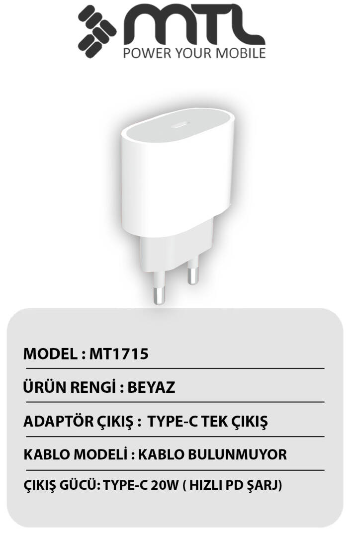 20W PD QC 4.0 Destekli Type-C Çıkışlı Hızlı Şarj Adaptörü MT1715 - 3