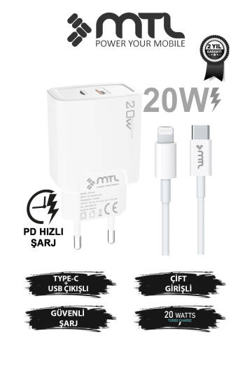 20W Ultra Hızlı Çift Çıkış Type-C + USB Adaptör + Type-C to iPhone Lightning Kablo Şarj Seti MT1750