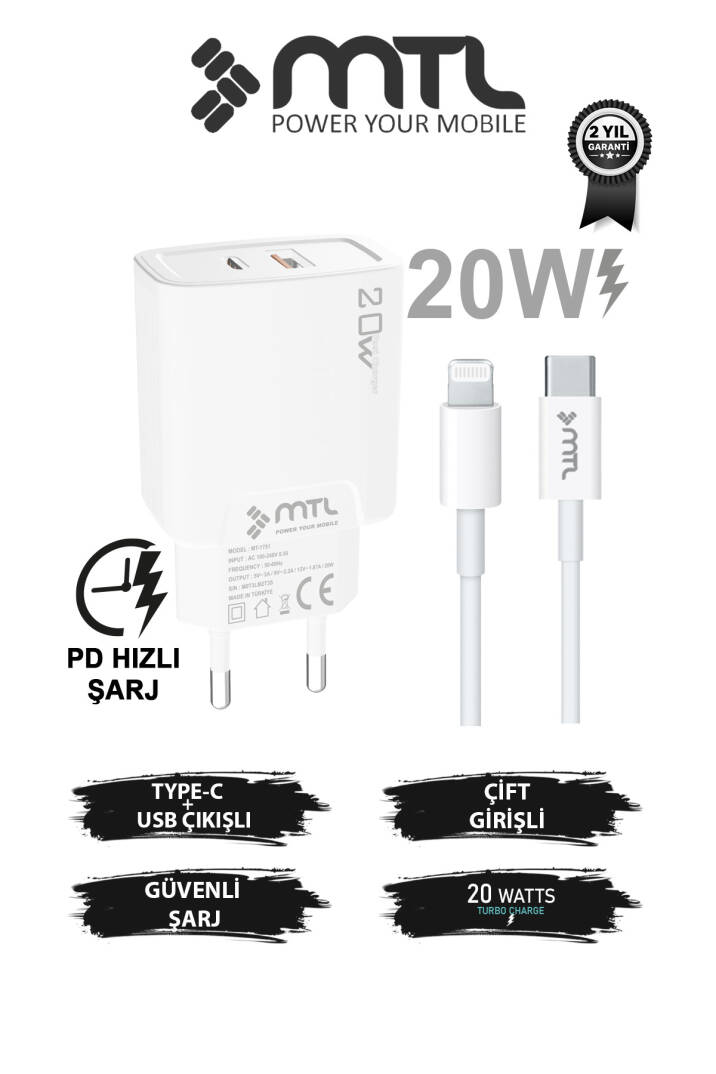 20W Ultra Hızlı Çift Çıkış Type-C + USB Adaptör + Type-C to iPhone Lightning Kablo Şarj Seti MT1750 - 1