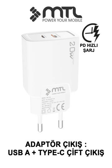 20W Ultra Hızlı Çift Çıkış Type-C + USB Adaptör + Type-C to iPhone Lightning Kablo Şarj Seti MT1750 - 2
