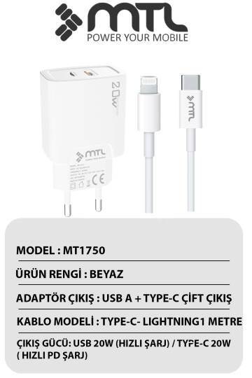 20W Ultra Hızlı Çift Çıkış Type-C + USB Adaptör + Type-C to iPhone Lightning Kablo Şarj Seti MT1750 - 4