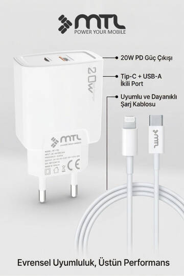 20W Ultra Hızlı Çift Çıkış Type-C + USB Adaptör + Type-C to iPhone Lightning Kablo Şarj Seti MT1750 - 5