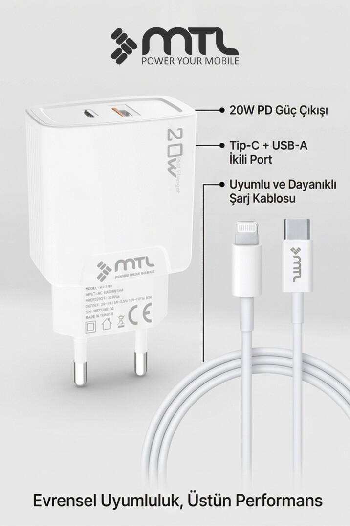 20W Ultra Hızlı Çift Çıkış Type-C + USB Adaptör + Type-C to iPhone Lightning Kablo Şarj Seti MT1750 - 5