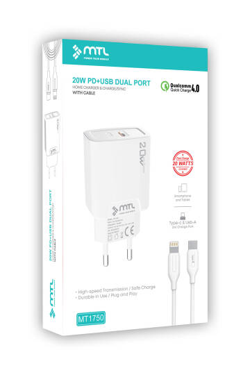 20W Ultra Hızlı Çift Çıkış Type-C + USB Adaptör + Type-C to iPhone Lightning Kablo Şarj Seti MT1750 - 7