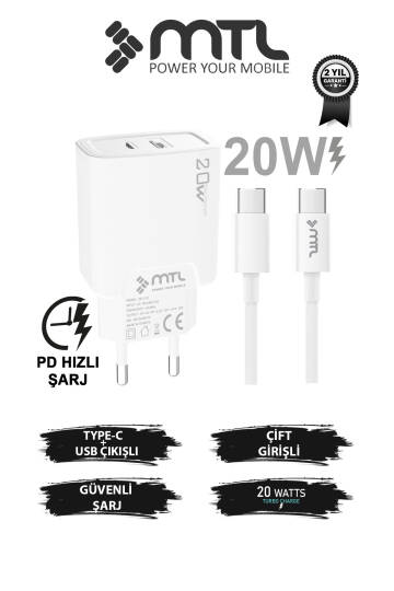 20W Ultra Hızlı Çift Çıkış Type-C + USB Adaptör + Type-C to Type-C Kablo Şarj Seti MT1751