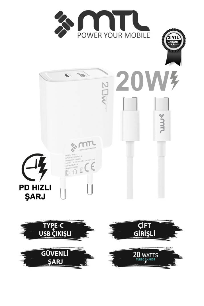 20W Ultra Hızlı Çift Çıkış Type-C + USB Adaptör + Type-C to Type-C Kablo Şarj Seti MT1751 - 1