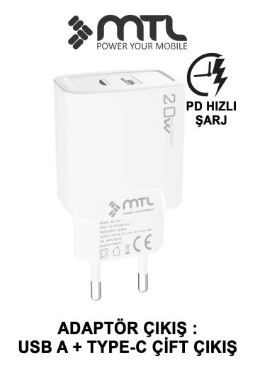 20W Ultra Hızlı Çift Çıkış Type-C + USB Adaptör + Type-C to Type-C Kablo Şarj Seti MT1751 - 2