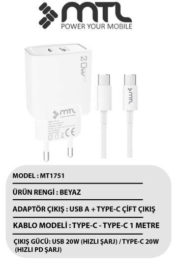 20W Ultra Hızlı Çift Çıkış Type-C + USB Adaptör + Type-C to Type-C Kablo Şarj Seti MT1751 - 4