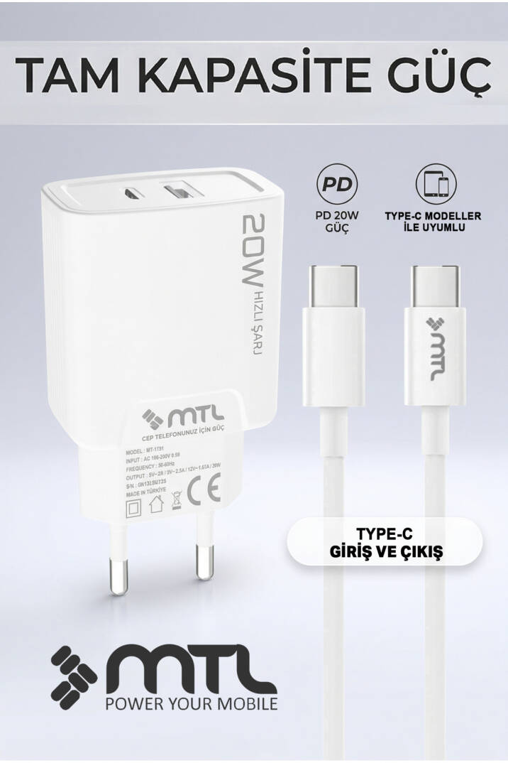 20W Ultra Hızlı Çift Çıkış Type-C + USB Adaptör + Type-C to Type-C Kablo Şarj Seti MT1751 - 5
