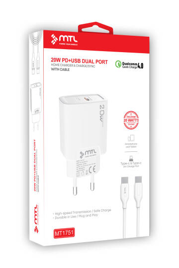 20W Ultra Hızlı Çift Çıkış Type-C + USB Adaptör + Type-C to Type-C Kablo Şarj Seti MT1751 - 7