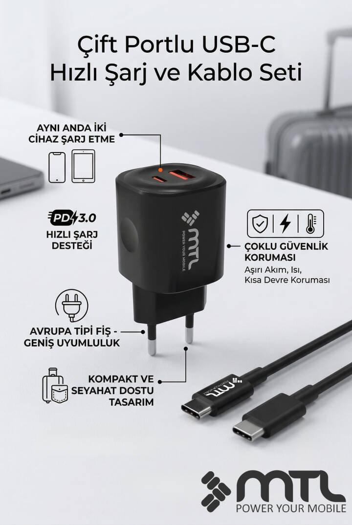 25W PD + USB Çift Çıkışlı Adaptör ve Type-C Kablo Hızlı Şarj Seti MT1725 - 4