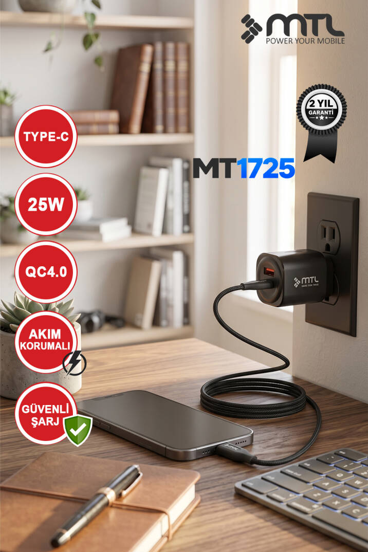 25W PD + USB Çift Çıkışlı Adaptör ve Type-C Kablo Hızlı Şarj Seti MT1725 - 6