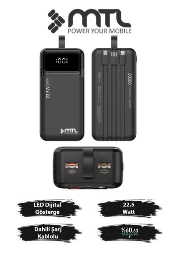 30000 mAh 22.5W Turbo Şarj Dahili Kablolu Dijital LED Göstergeli PD ve QC 3.0 Powerbank MT4331