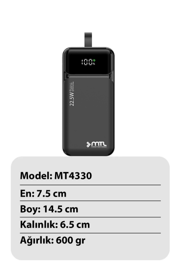 30000 mAh 22.5W Turbo Şarj Dahili Kablolu Dijital LED Göstergeli PD ve QC 3.0 Powerbank MT4331 - 3