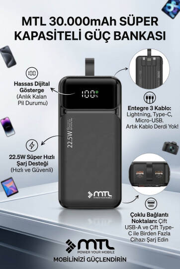 30000 mAh 22.5W Turbo Şarj Dahili Kablolu Dijital LED Göstergeli PD ve QC 3.0 Powerbank MT4331 - 4