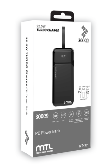 30000 mAh 22.5W Turbo Şarj Dahili Kablolu Dijital LED Göstergeli PD ve QC 3.0 Powerbank MT4331 - 7